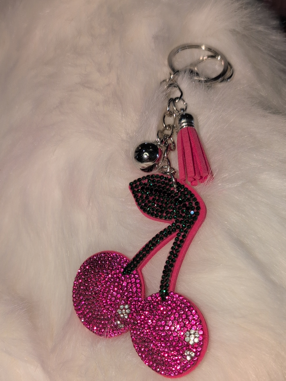 Pink Rhinestone Cherry Keychain Bag Charm With Pink Tassel And Silver Hardware